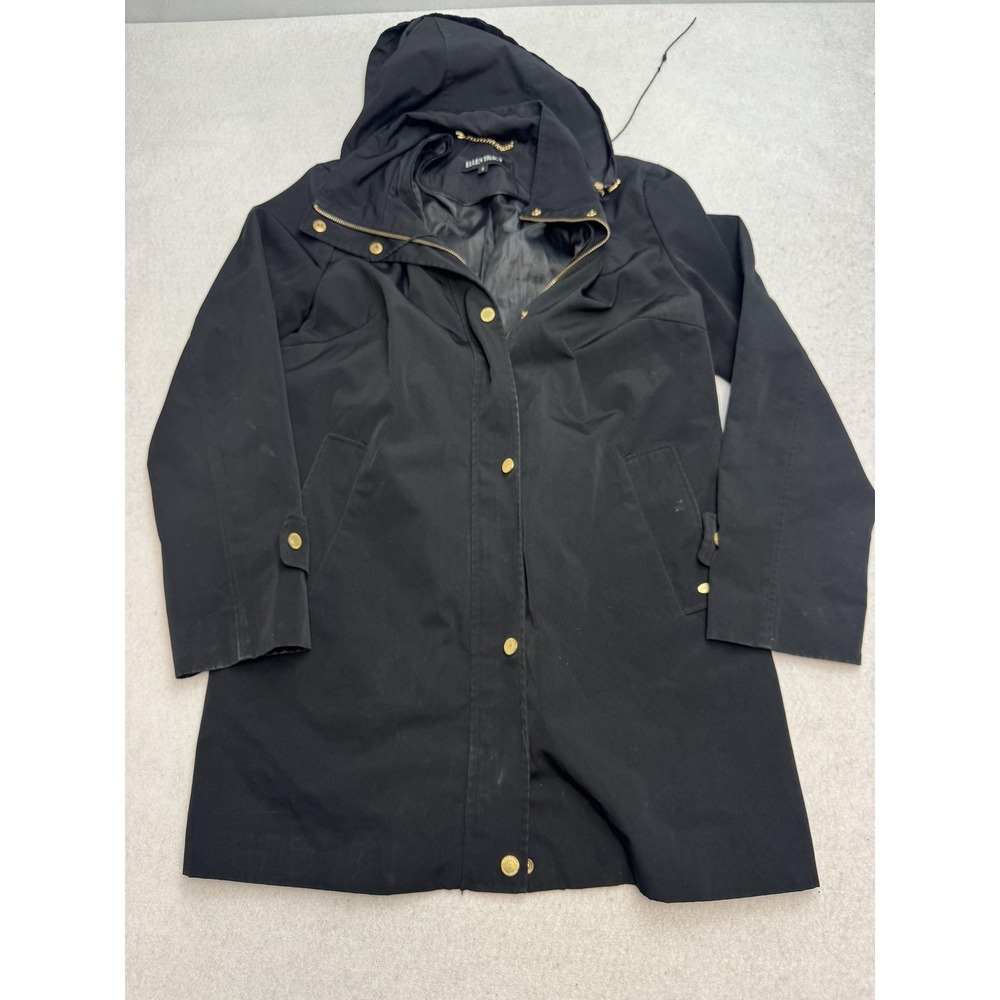 Ellen Tracy Rain Trench Coat Women's Small Black Hooded Zip Lined Mid Length